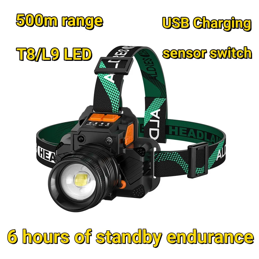 500M Range USB Rechargeable Headlamp T8/L9 LED Ultra Bright Headlight Smart Sensor Switch Waterproof Torch Camping Flashlight