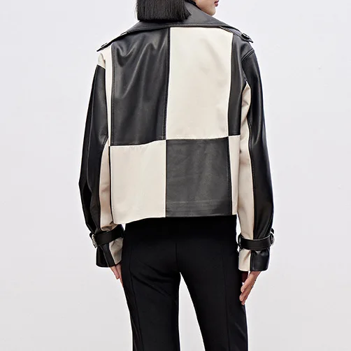 Veste en cuir véritable noir et blanc, 2023 cuir, style moto de rue, damier, patchwork Sh, automne et hiver, nouveau