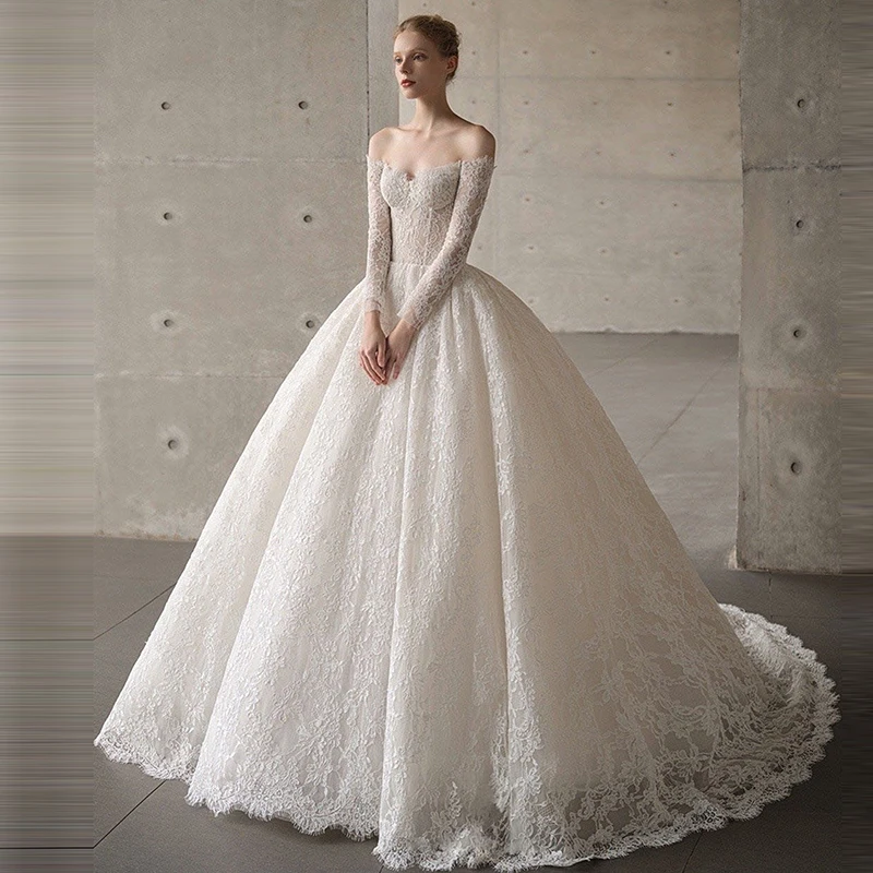 

Vintage Lace Wedding Dress Off the Shoulder Sweetheart Bridal Dress Long Sleeve A-line Ball Gown for Weddings New Customized