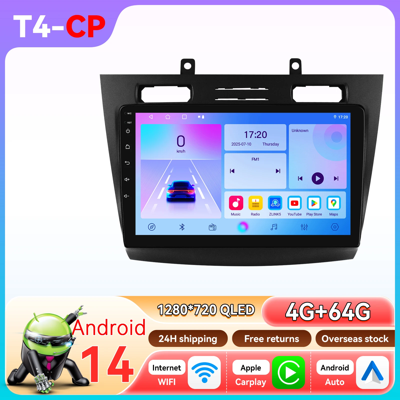 Hizpo Android 14 autoradio met Carplay voor FORD Transit/Tourneo Connect 2005-2014, 10.1 inch 2-DIN, GPS, Bluetooth, WiFi, RDS, MIC, 360 camera
