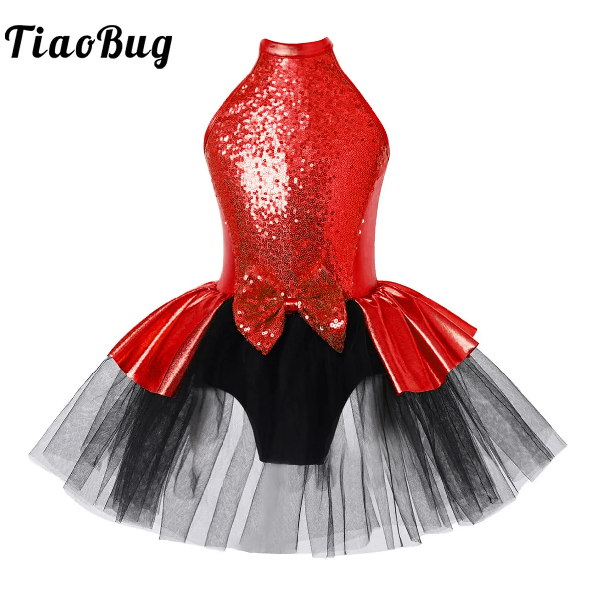 Kids Girls Shiny Sequins Tutu Ballet Dance Dress Halter Bowknot Gymnastics Leotard Latin Jazz Dancing Performance Costume