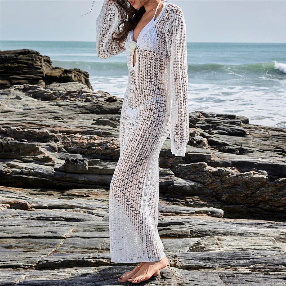 Túnica de punto de ganchillo de manga larga con cuello en V y flores en 3D para mujer, vestido playero para cubrir la playa, ropa de playa para mujer