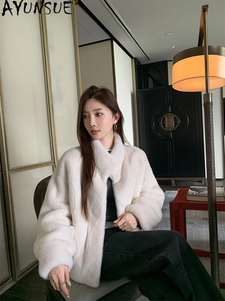 AYUSNUE Natural Mink Coat Women Clothes Swan Velvet Elegant Real Fur Winter Jacket Woman Loose Fit Short Шуба Натуральный Мех