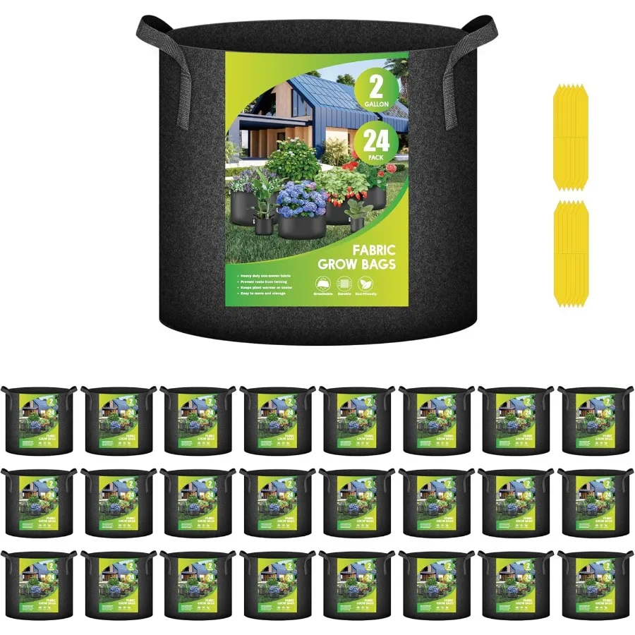 

24Pack 2 Gallon Grow Bags Heavy Duty Thickened Aeration Nonwoven Fabric Pots with Nylon Handles for Planting Vegetables Fruits