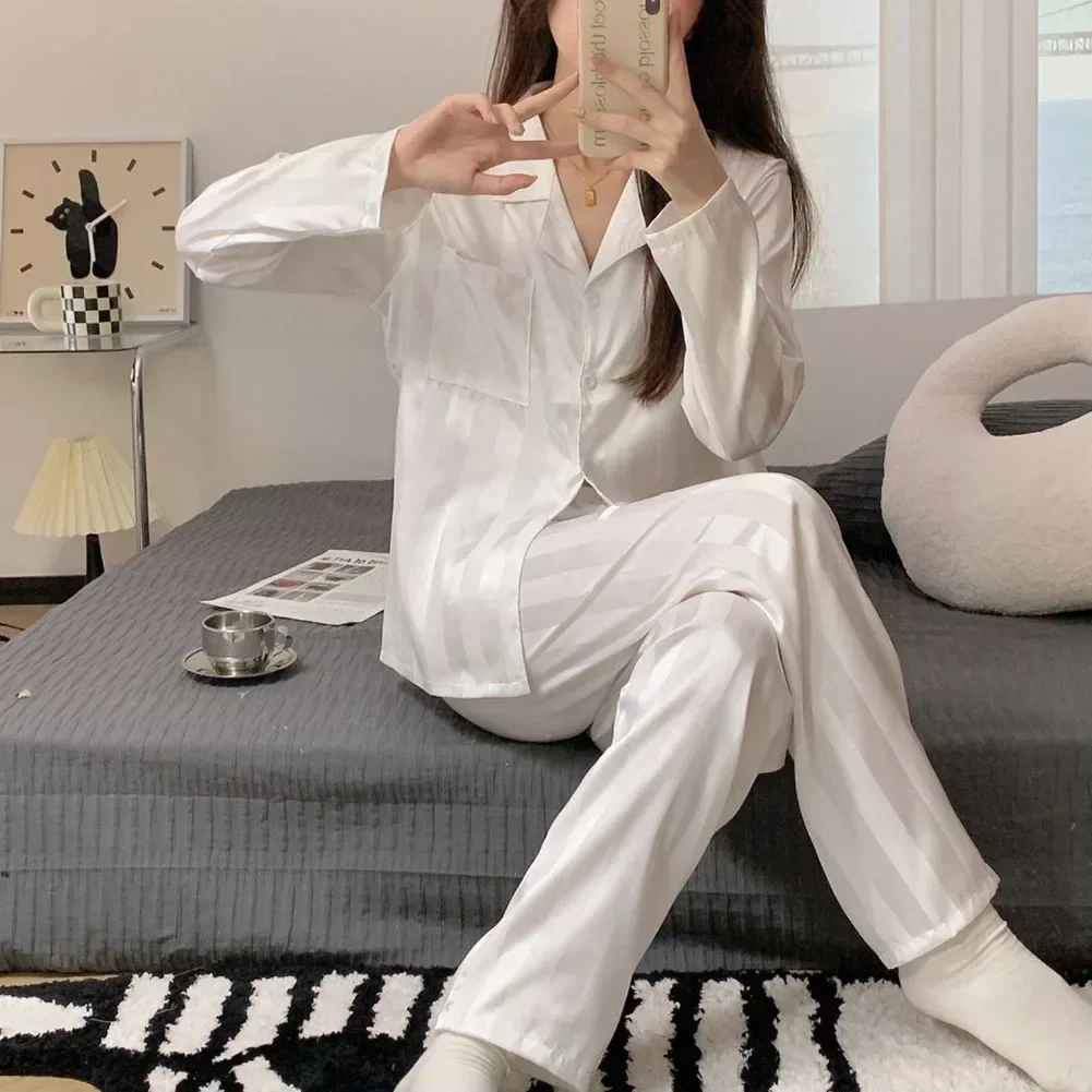 女性用ストライプパジャマセット,シルク,サテン,ナイトウェア,長袖シャツ,パンツ,ホームウェア