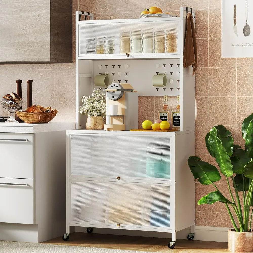 5 Tier Rolling Kitchen Bakers Rack with Wheels, Microwave Stand with Flip Door Storage Cabinets, Pegboard & Hook