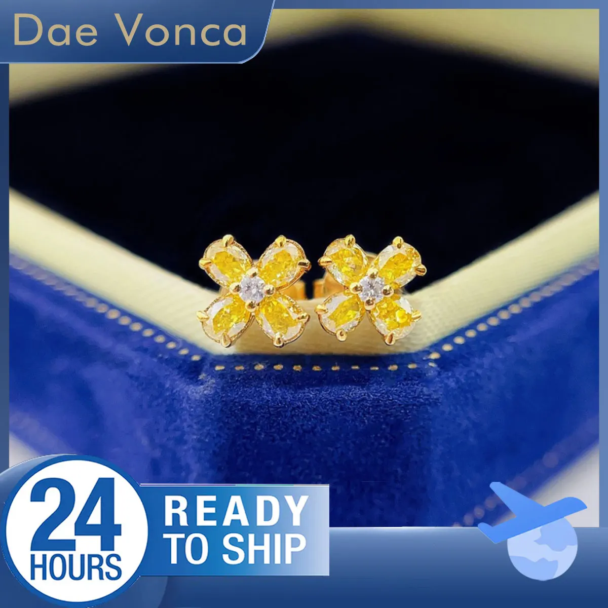 

18K Yellow Gold Diamond Stud Earrings Fancy Yellow Pear Cut Natural Diamonds Four Leaf Clover Diamond Earrings For Girlfriend