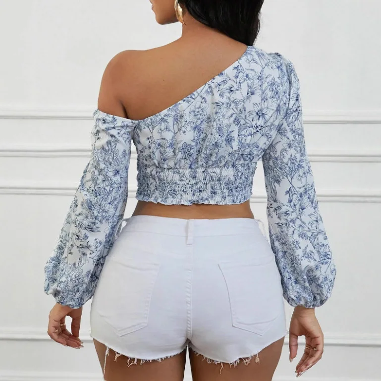 Women's Floral Print One Off Shoulder Puff Long Sleeve Elastic Hem Cropped Slim Fit Comfortable Casual Daily Elegant Blouse Top
