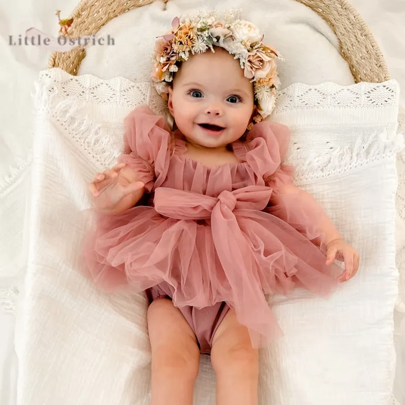 

Newborn Baby Girl Cotton Solid Color Bow Romper Infant Toddler Child Short Puff Sleeve Jumpsuit Mesh Pullover Baby Clothes 3-18M