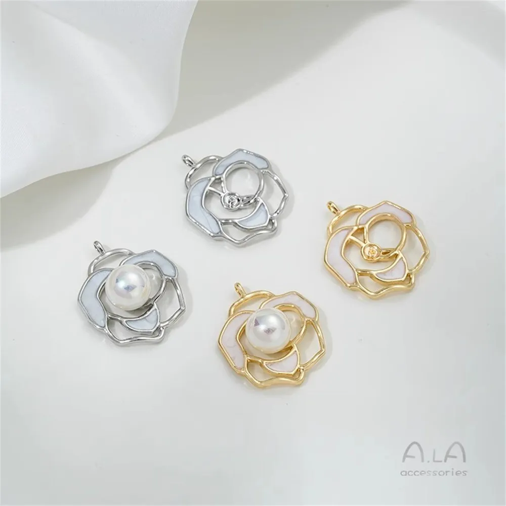 

14K Gold Drop Oil Camellia Pendant Rose Bead Stud Earrings Diy Sticky Pearl Necklace Earrings Accessories