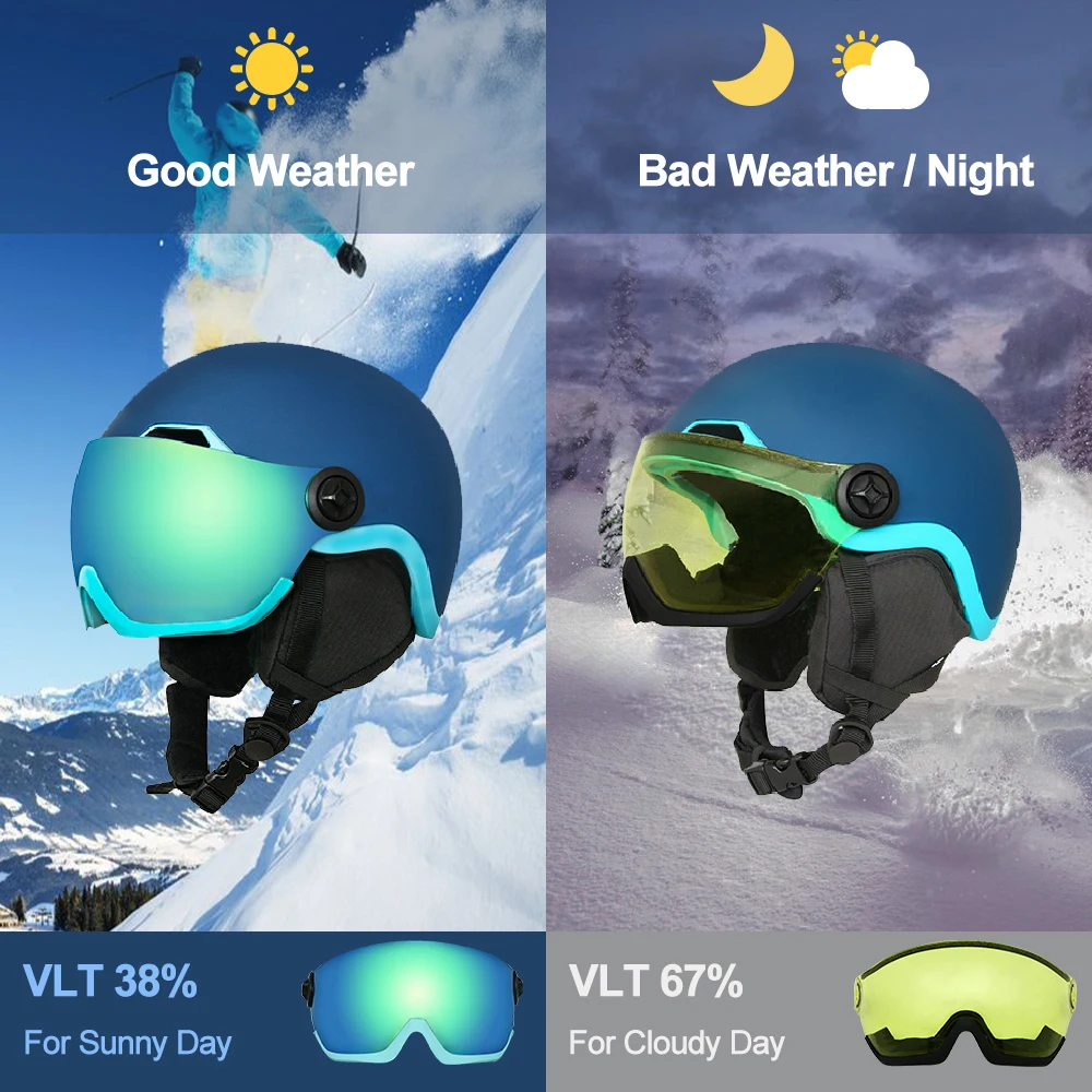 EnzoDate casco da sci da sci con occhiali integrati Shield 2 in 1 casco da Snowboard e maschera staccabile, lente per visione notturna Extra-cost