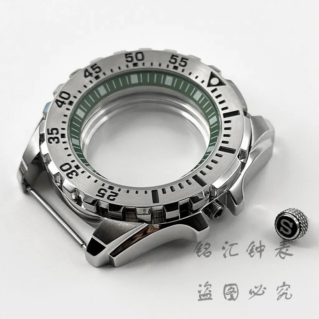 44MM Green Ring Watch Case Silver Stainless Steel Watch Case Fit NH34 NH35 NH36 NH38 NH39 NH70 NH72 Movement Replacement Parts