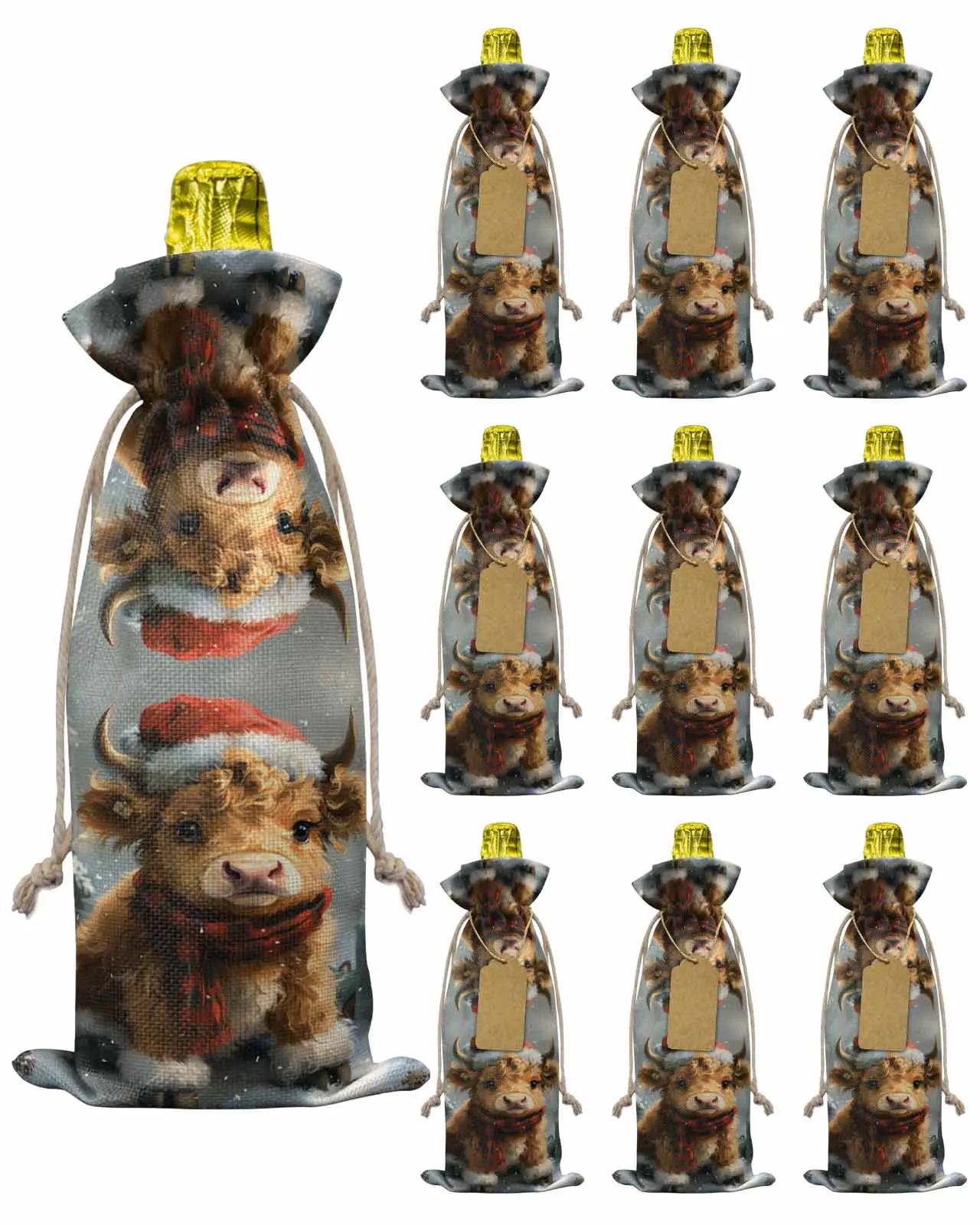 10pcs Christmas Gift Yak Hat Vintage Oil PaintingWine Bottle Bag with Drawstring Festive Party Decor Wine Bottle Covers Gift