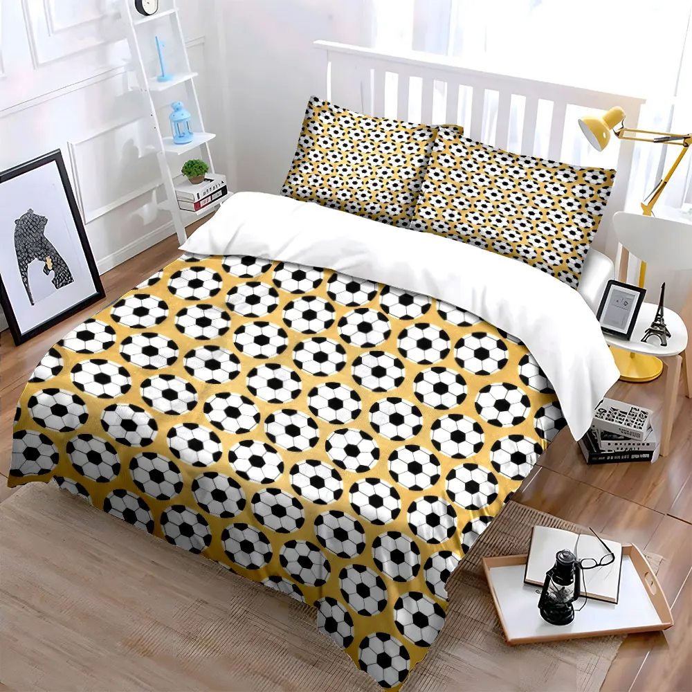 3Pcs Classic Soccer Ball Repeat Duvet Cover Set, Yellow Background Sport Boys Bedding Single Double King Queen, Gift