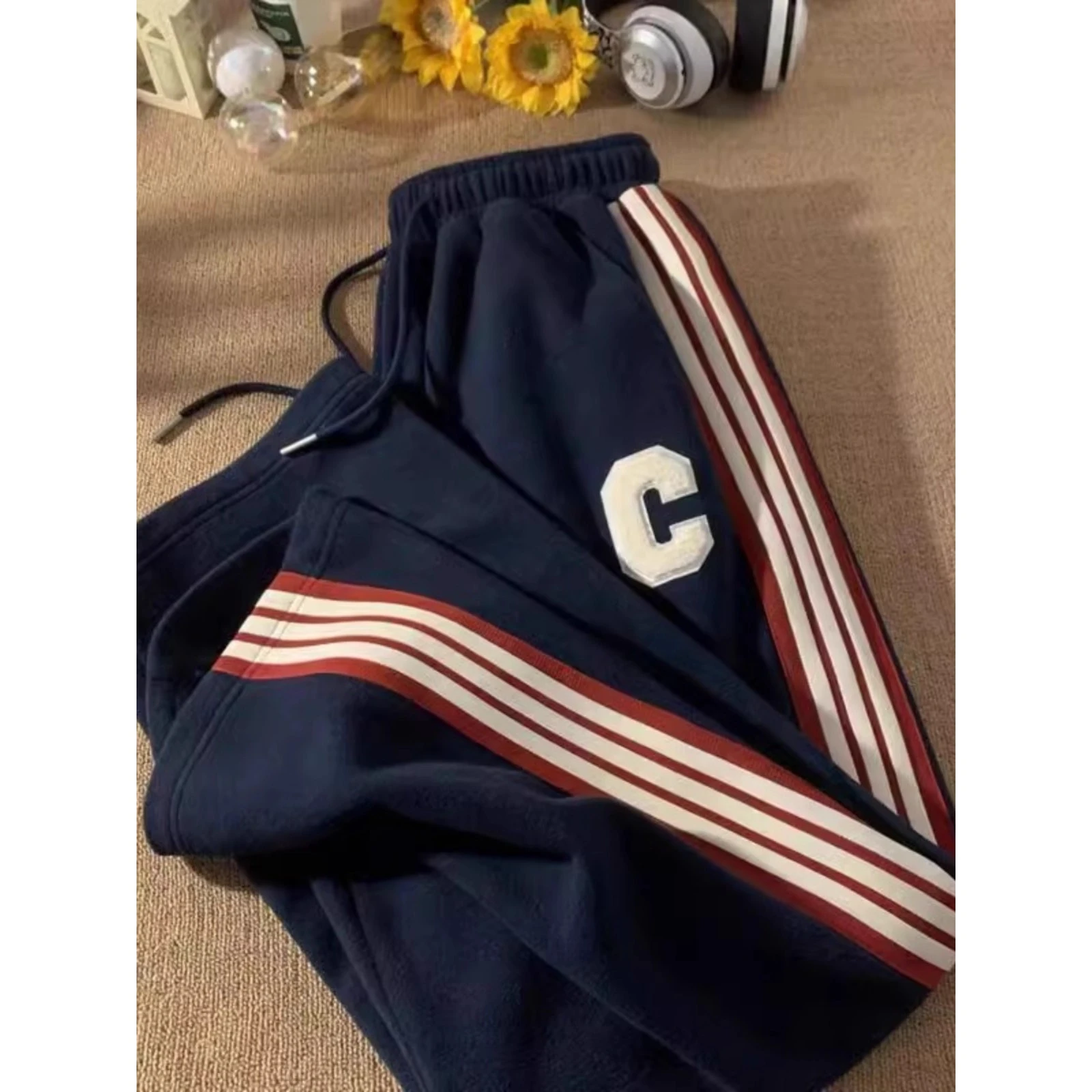 

Extra Large Size Men's Casual Striped Straight Leg Trousers Color Blo Spor Sweatpants American High Street Sle