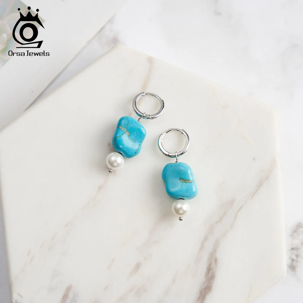 ORSA JEWELS 925 Sterling Silver Irregular Turquoise Pendnat Dangle Earrings for Women Pearl Earring Fashion Ear Jewelry GME50