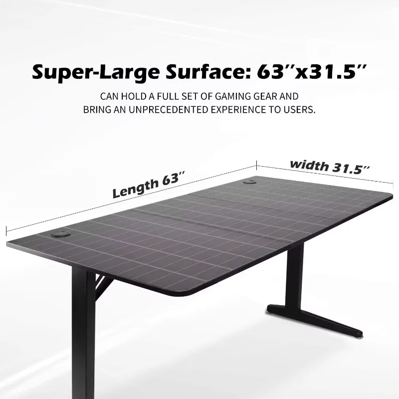 Gaming Desk Large Surface 63’’x31.5’，Computer Desk with Cup Holder, Headphone Hook and Cable Management (Black)