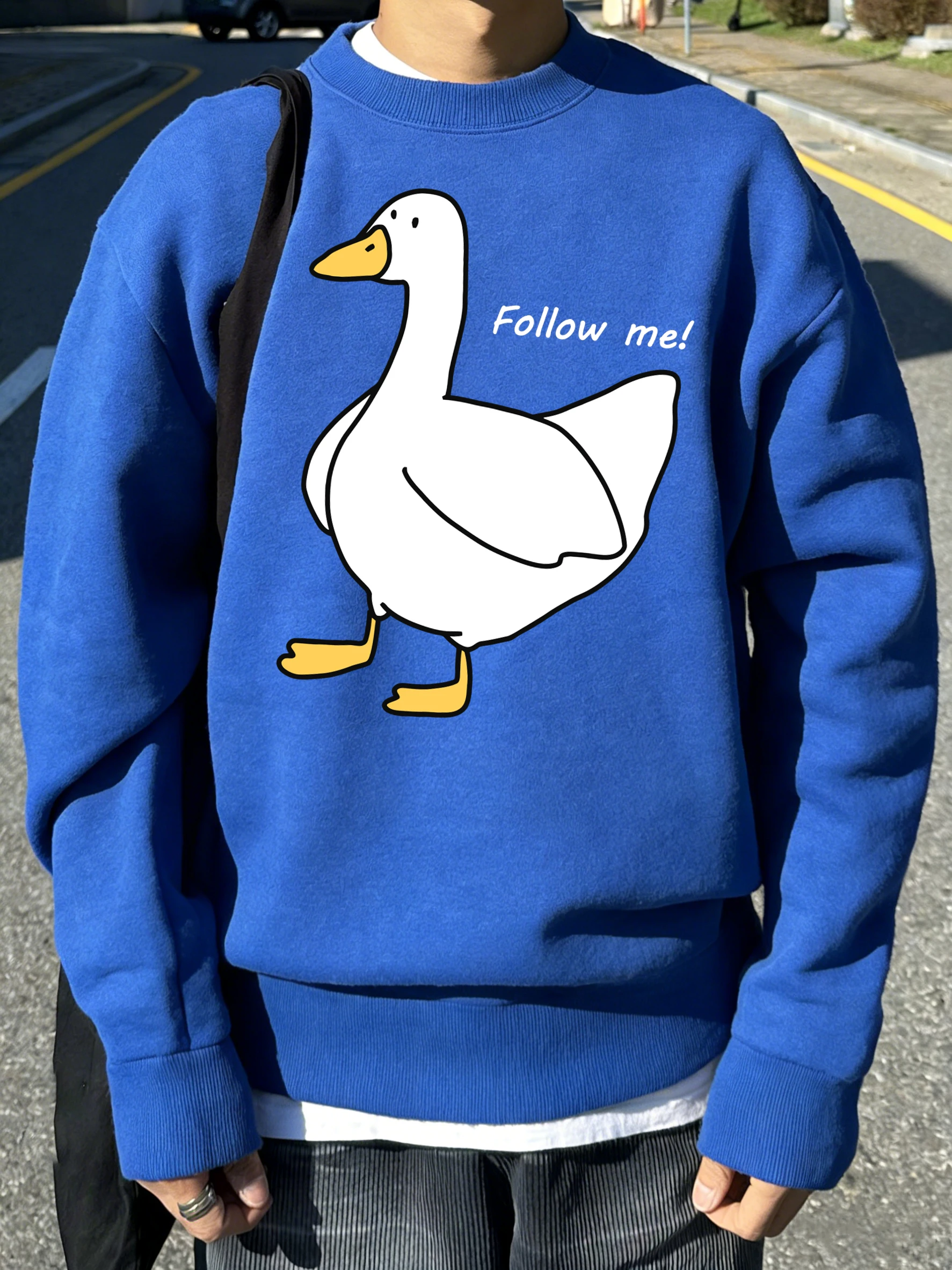 Follow The Goose Printed Mens Sweatshirt Trendy O-Neck Long Sleeve Loose Vintage Basics Pullovers Male Fleece Autumn Clothing