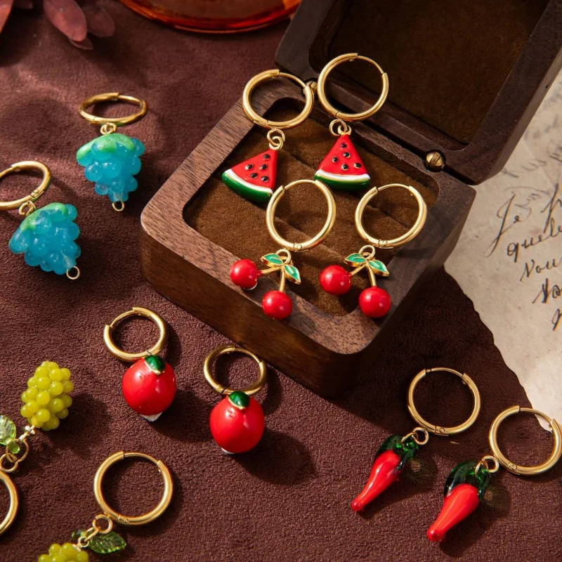 

Cute Fruit Earrings Colorful Zircon Grape Chili Pendant Stainless Steel for Women Summer Beach Party Holiday Gift Jewelry
