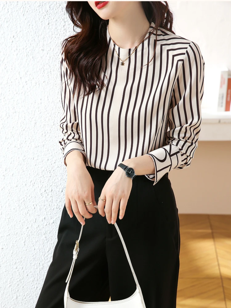 Women\'s Blouses Black White Stripes Top Long Sleeve Autumn Winter Clothes Silk Shirt Commuter Style Overshirt Design Sense 2023