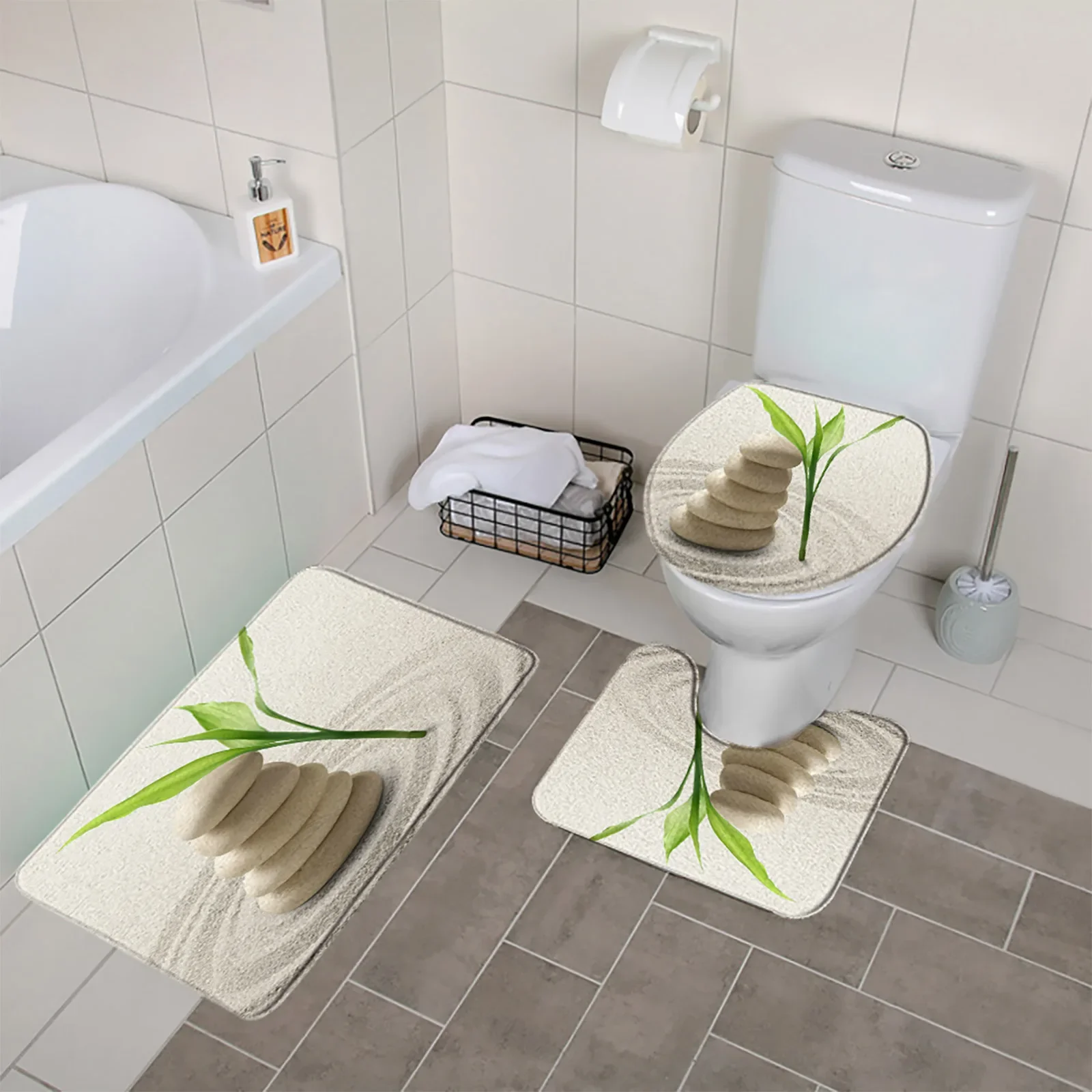 Zen Stone Bamboo 3pcs Bathroom Mat Set Flower Lotus Water Spa Antypoślizgowa flanelowa miękka wycieraczka Dywaniki podłogowe Pokrywa toalety Dywanik — zdjęcie 6