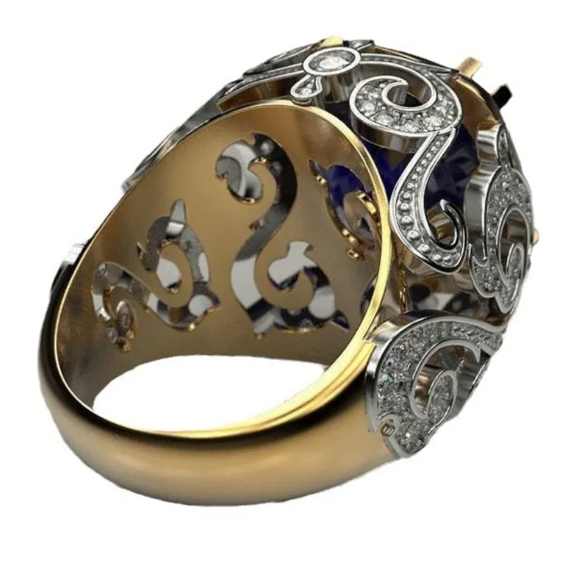 sapphire blue fat square gemstone two-color pattern luxury high-end copper inlaid zircon ring atmospheric jewelry