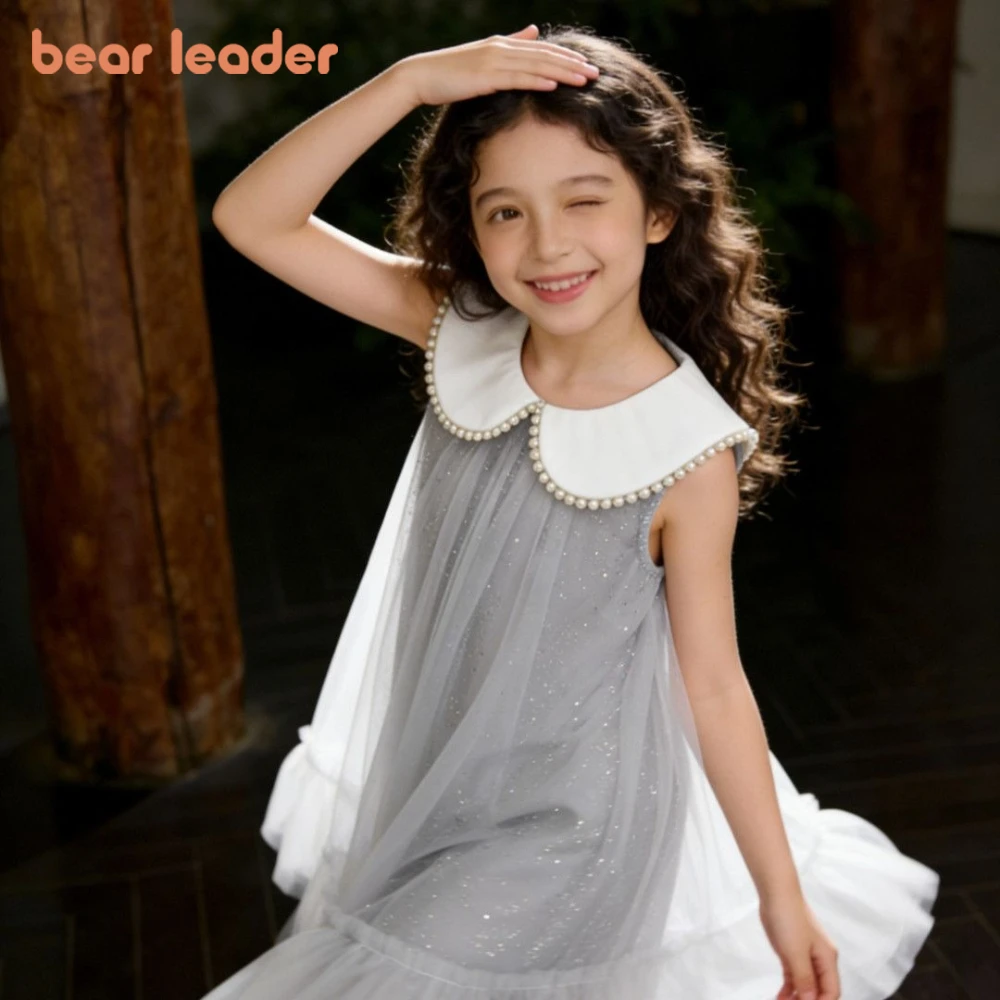 

Корейская версия Bear Leader: серые летние платья для девочек, модная повседневная детская одежда, платье без рукавов с отложным воротником, сеткой и пайетками