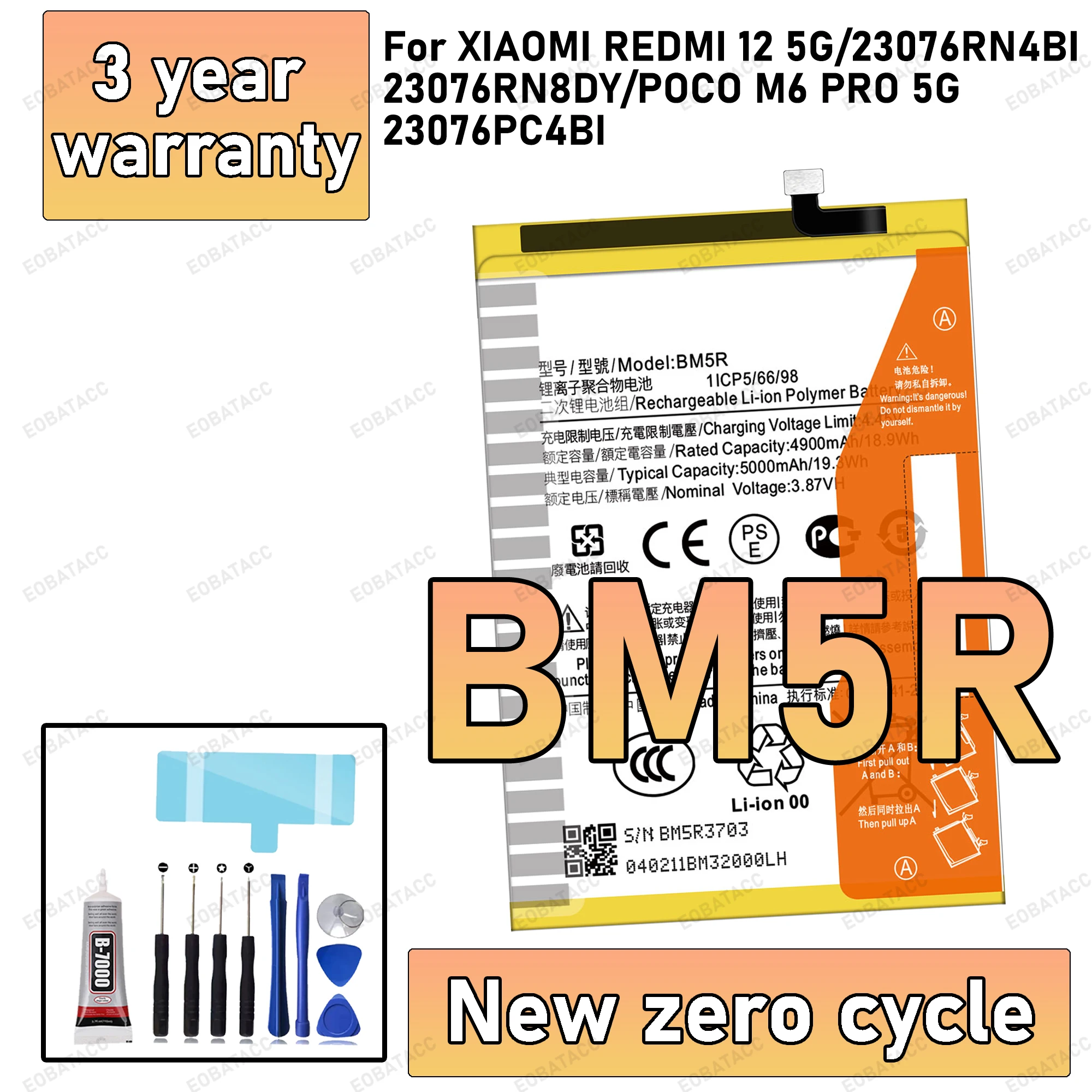 100% New High Quanlity BM5R Battery For XIAOMI REDMI 12 5G/23076RN4BI/POCO M6 PRO 5G/23076PC4BI Replacement batteria+Free tools