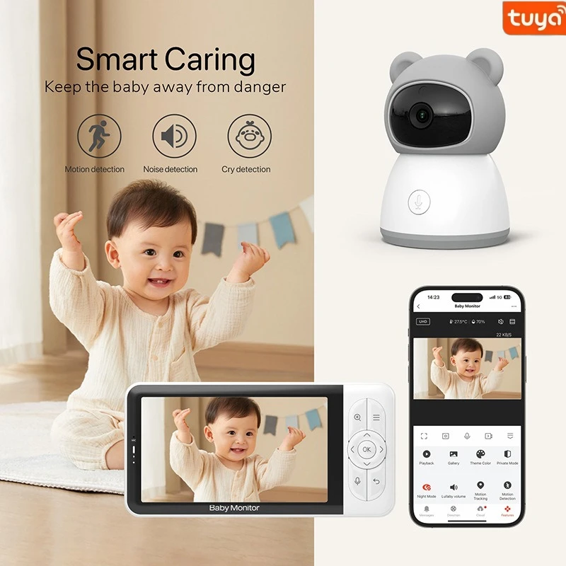 1080P Tuya Baby Monitor 5in Screen Wireless 2-way Audio Intercom Temperature Detect APP Remote Control Baby Surveillance Camera