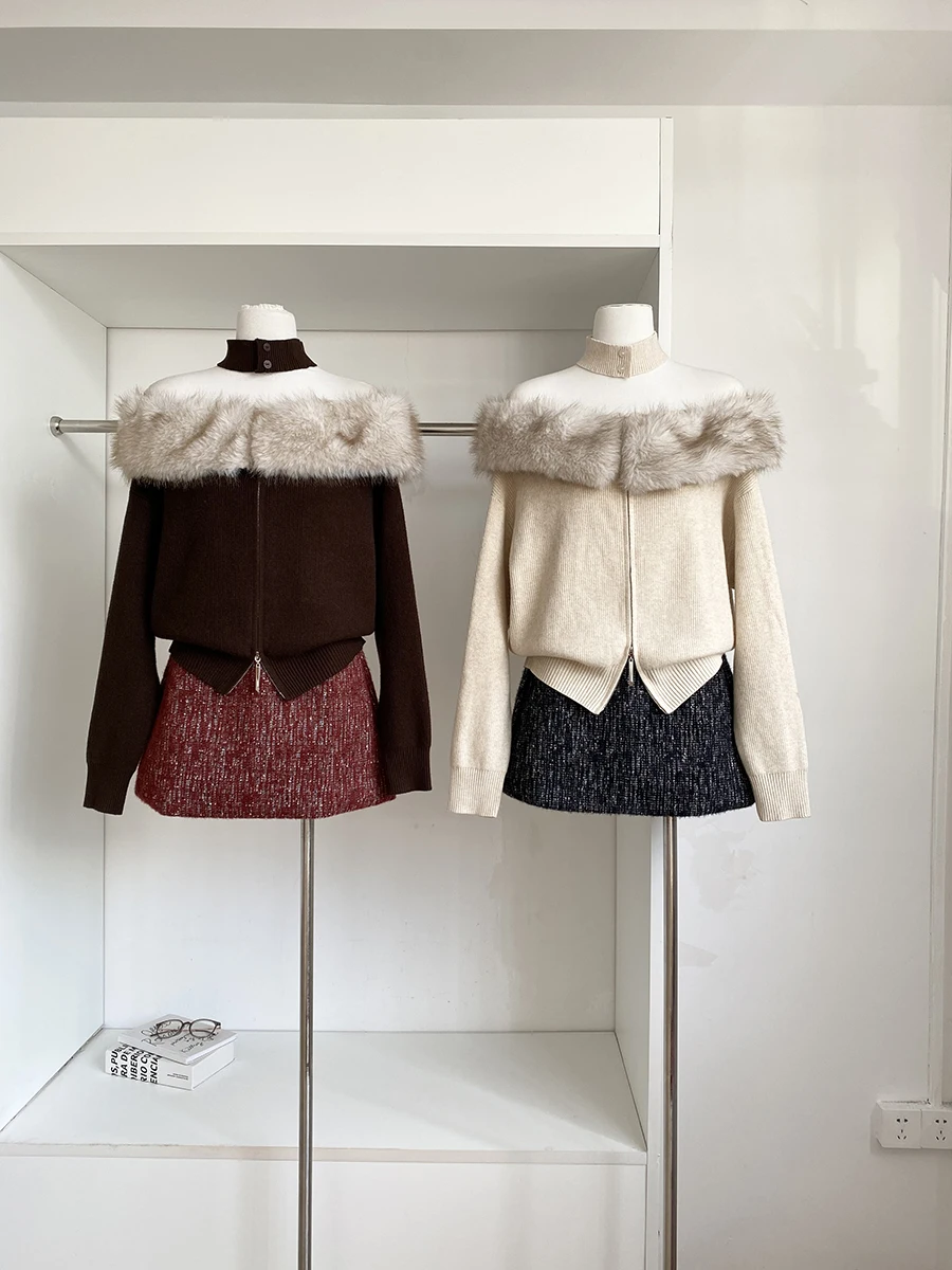 

Fashionable Korean Style Knitted Sweater with Detachable Fur Collar One Shoulder Design Slimming Women's Spring 2026 Top
