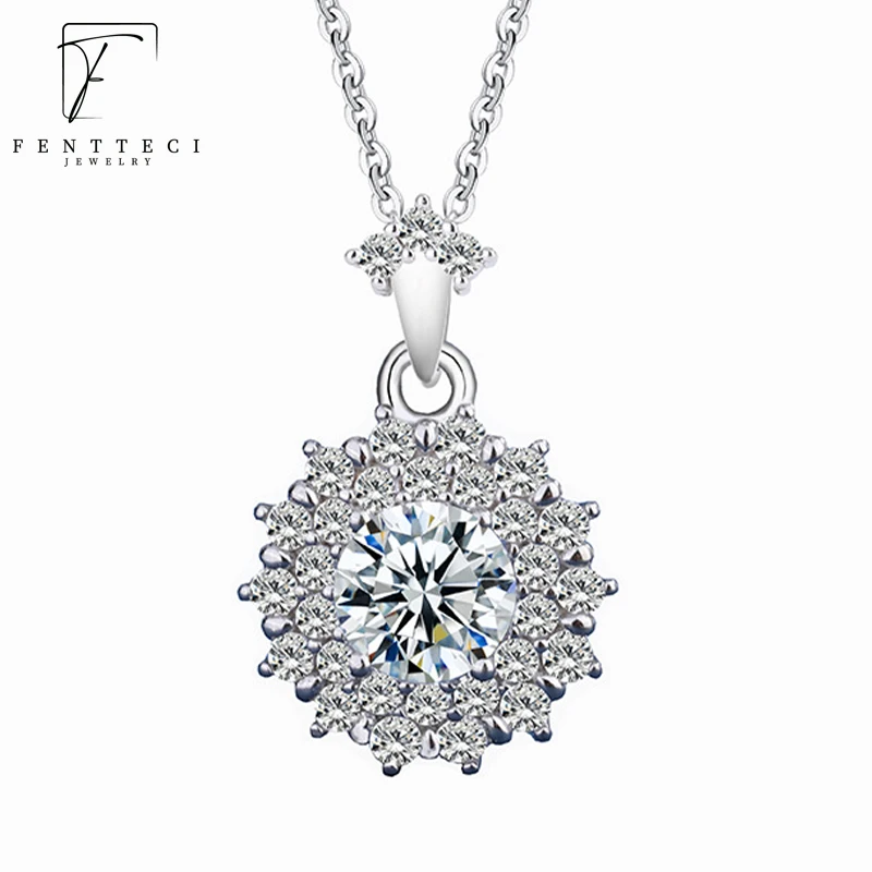 

FENTTECI 1CT Sunflower Moissanite Diamond Necklace Solid s925 Sterling Silver Platinum Plated Pendant for Women Wedding Jewelry