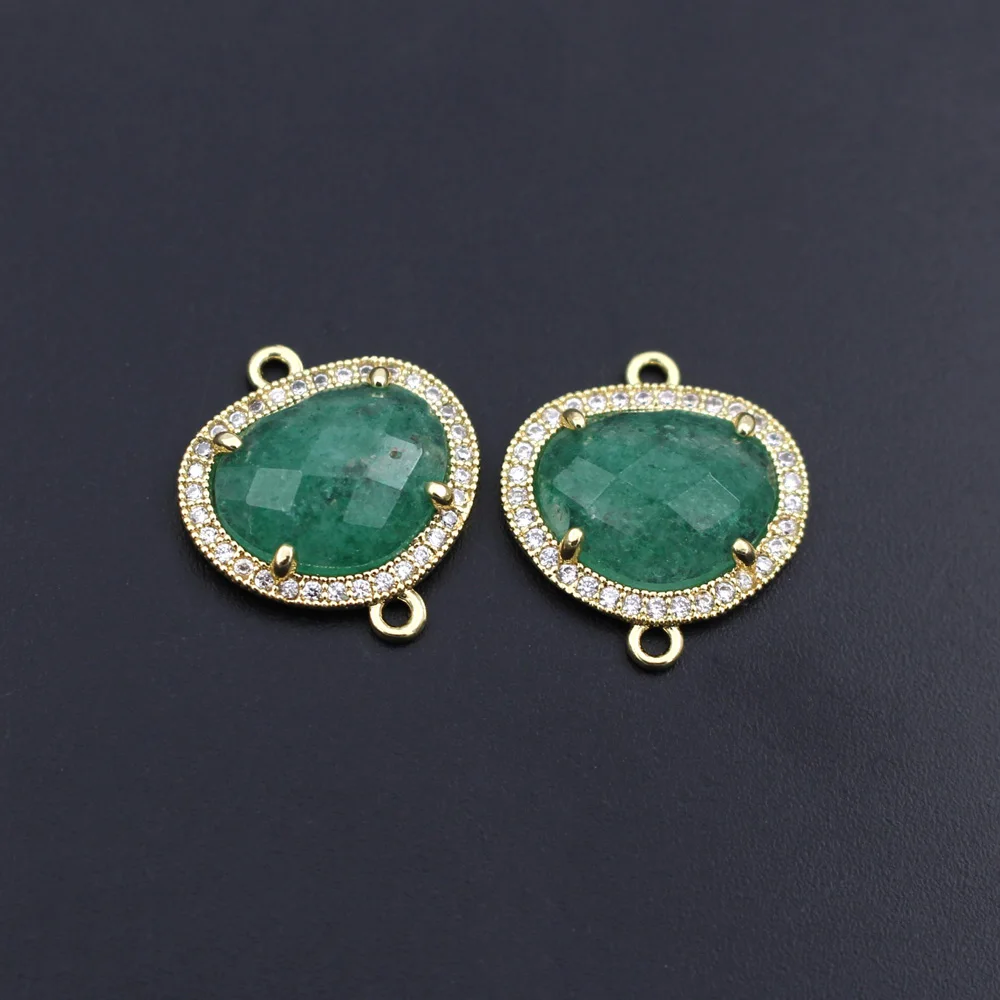 6pcs Natural Amazonite Blue Jade Stone Charms Connectors Triangle Pendants CZ paved Double Hole DIY Stone Bracelet Making