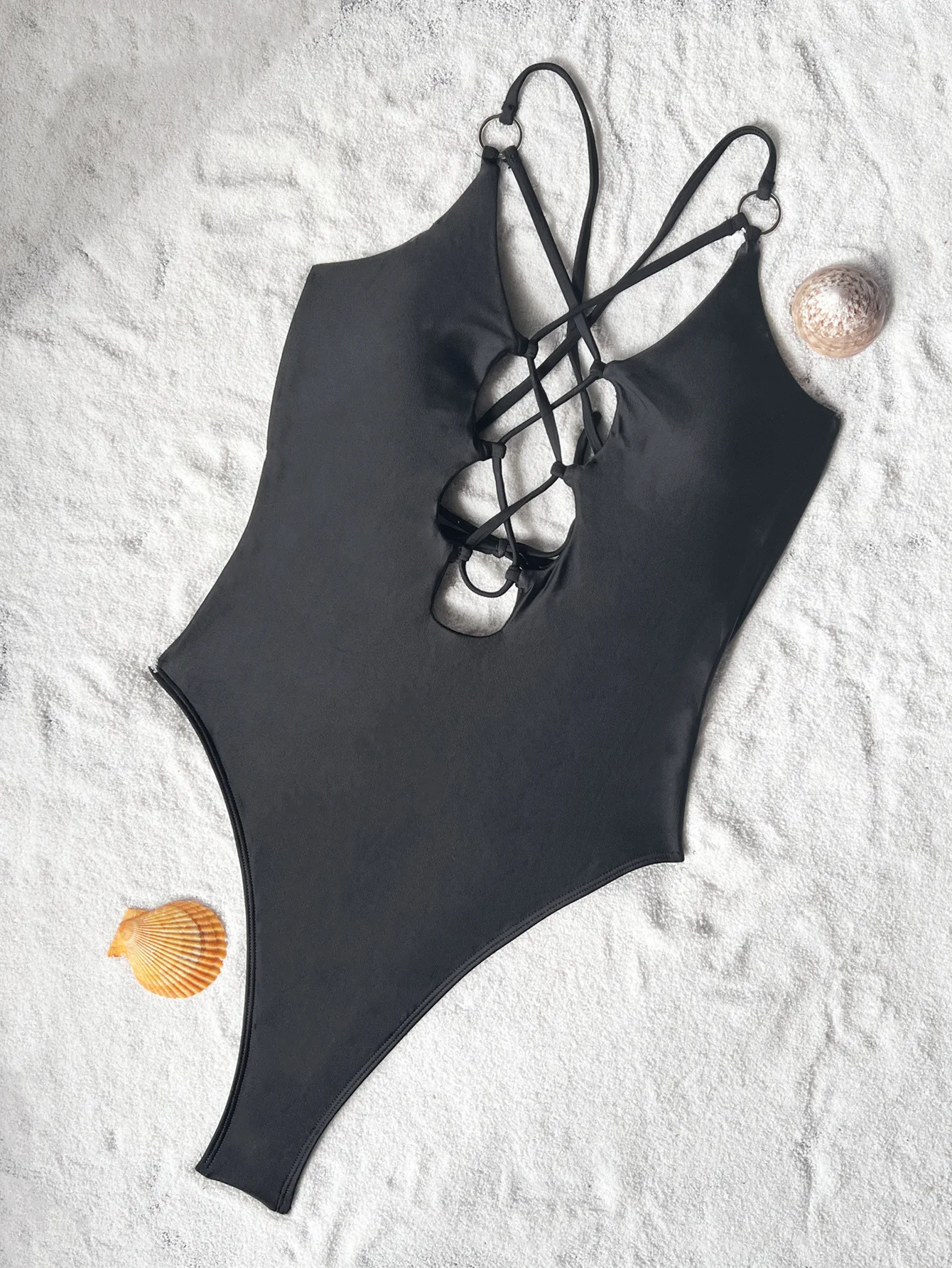 sexy solid cross back bandage tie swimsuit one piece bikini thong swimwear bodysuits women biquini bathing suits black color