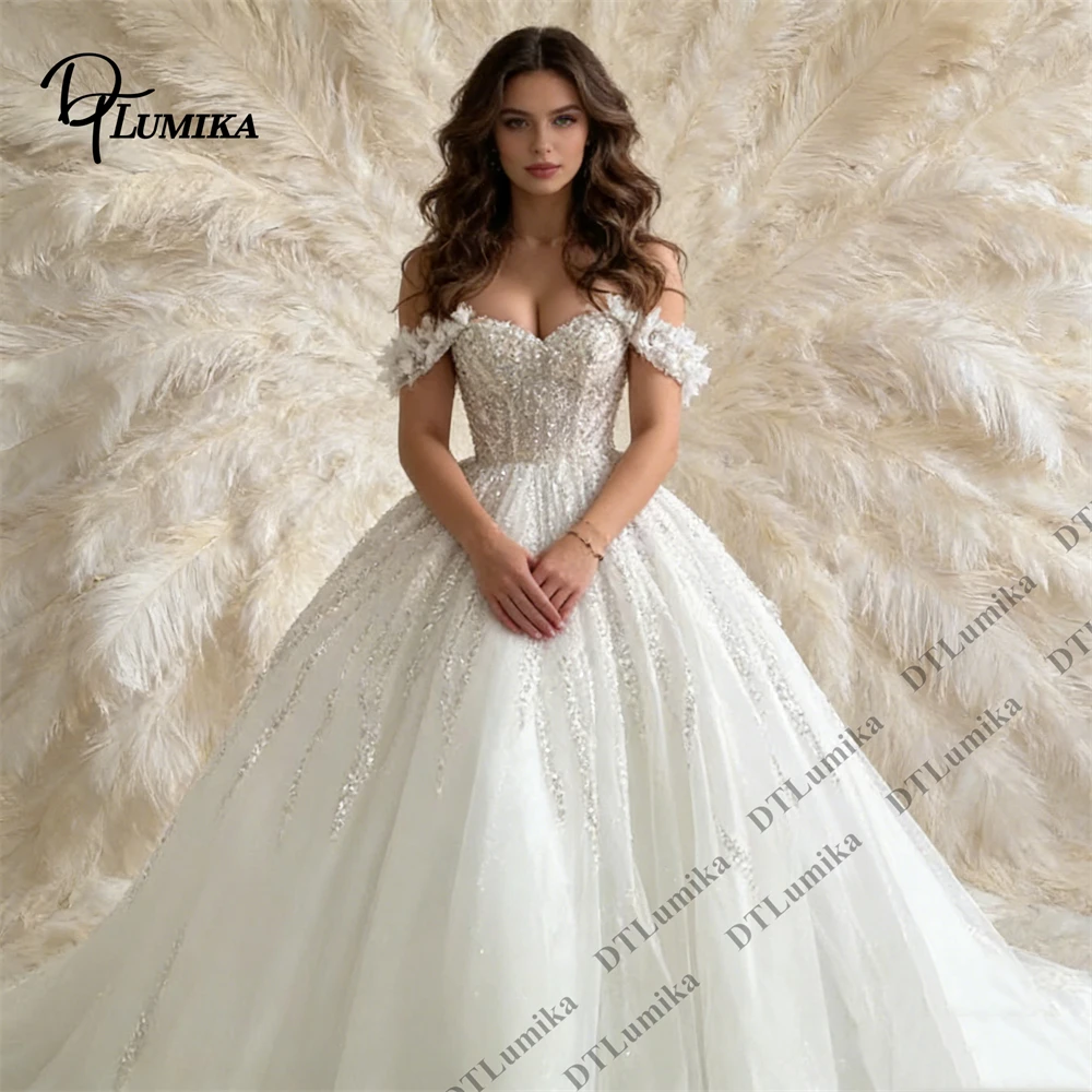 Off - Shoulder Lace Ball Gown Wedding Dress, Tulle Bridal Gown with Beaded Details Luxury Bridal Gown Cusotmized Size