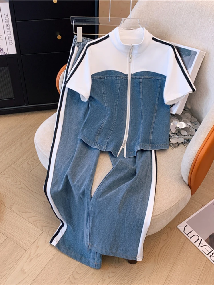 

2024 Summer New Stitched Zipper T-shirt Top Female Set Elegant Women's Jeans Casual Blouse Two Piece Set Ladies Tracksuits