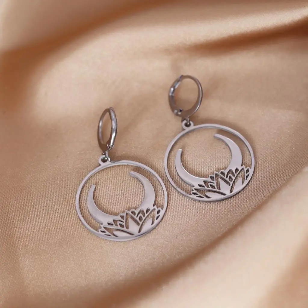 QIAMNI Celestial Crescent Moon Lotus Flower Hoop Earrings For Women Friends Lover Gifts Vintage Stainless Steel Jewelry Femme
