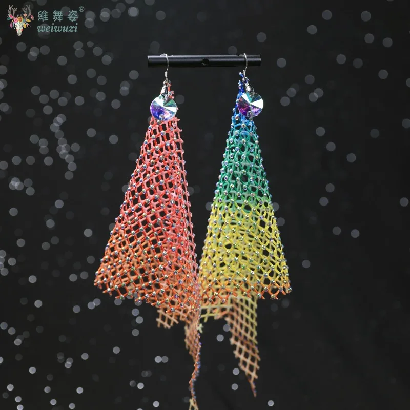 Belly Dance Competition Personality Net Earrings Accessories All Manual Diamond Earrings Latin Performance Clothing Ornament