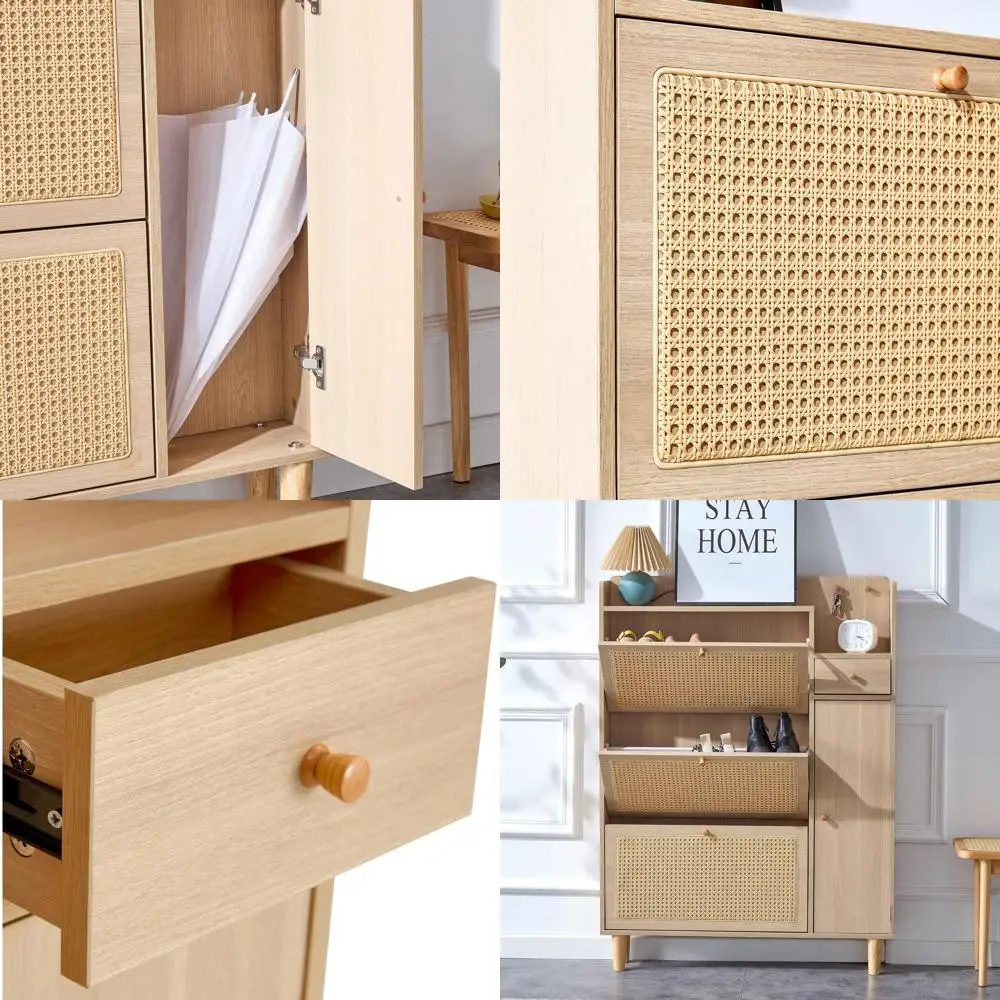 

Тумба для обуви из ротанга с 3 откидными ящиками, отдельно стоящий органайзер для обуви из ротанга, деревянная тумба для хранения обуви в прихожей в деревенском стиле