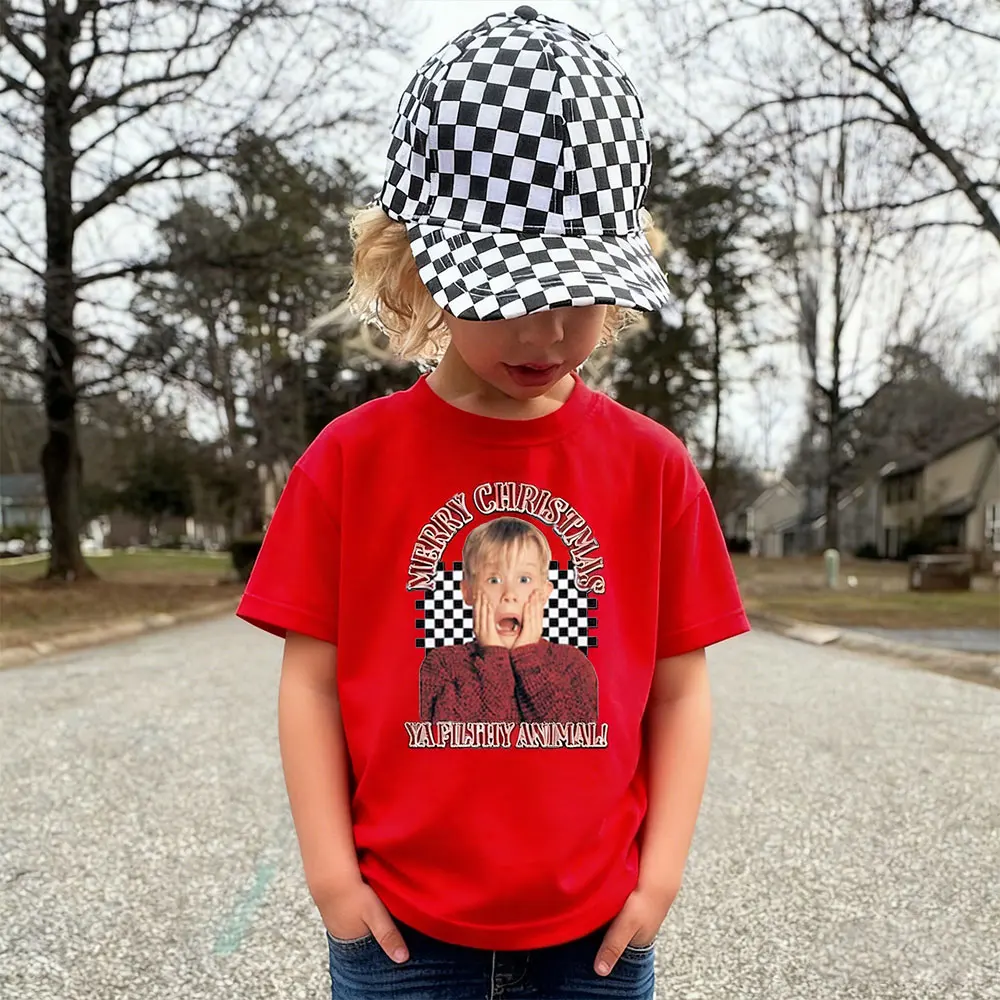 Allein zu Hause, Weihnachts-T-Shirt, lustiges Feiertags-Kind-Shirt, klassischer Film, Weihnachten, frohe Weihnachten, Ya, schmutziges Tier-T-Shirt, Jungen- und Mädchen-T-Shirt