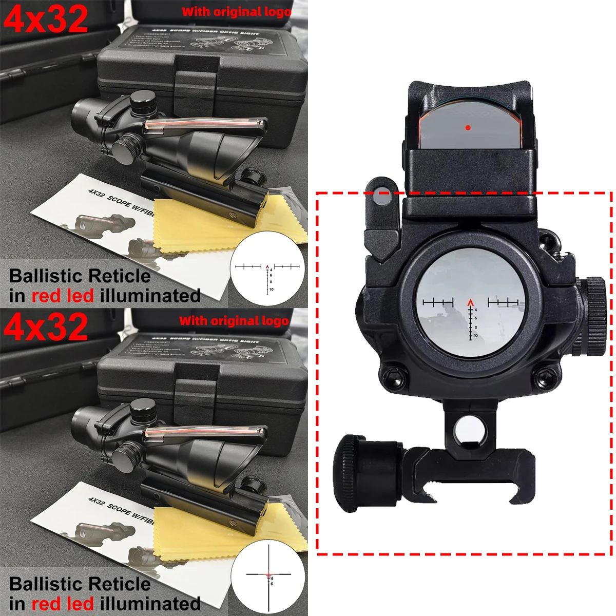 4x32 Optic Sight Aco Scope Green Red Dot Red LED Ballistic Reticle Illuminated Flip‑Up RM Red Dot Sight For 20mm Picatinny Rail