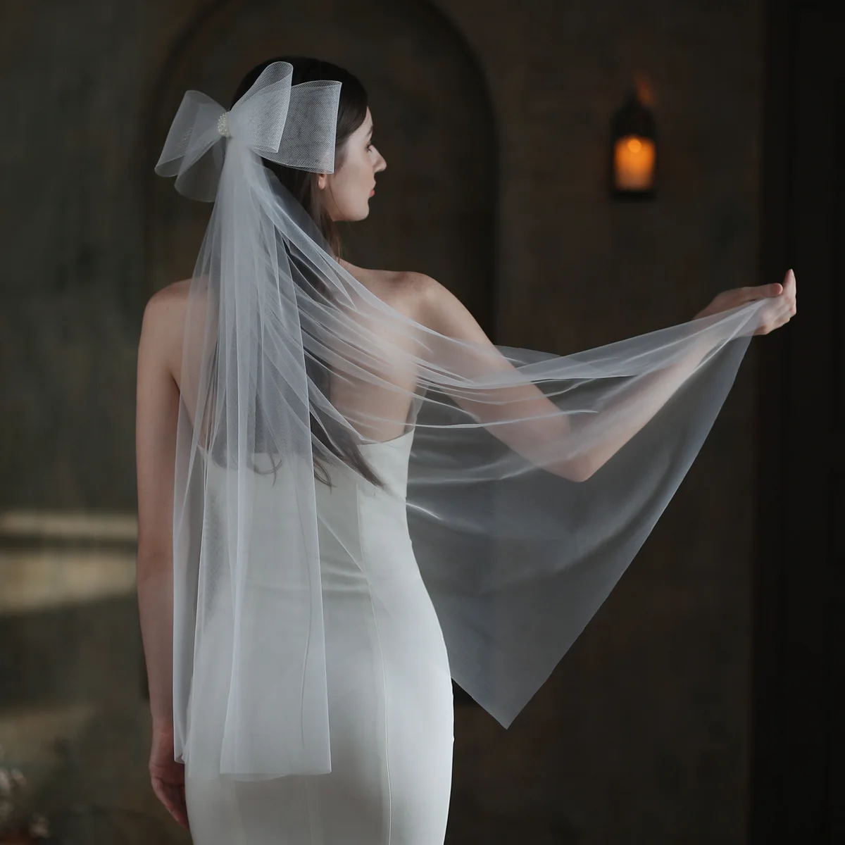 V849 Super Fairy Elastic Mesh Bow Bridal Veil White Double Layer Wedding Soft Veil Travel Photography Headpiece