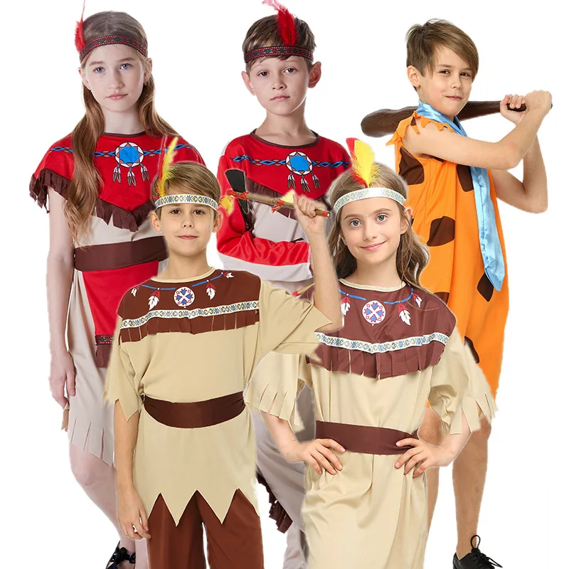 Boys Girls Halloween Cosplay Costume Native Costume Indian Savages Kids Dress Festival Party Stage Performance Clothing