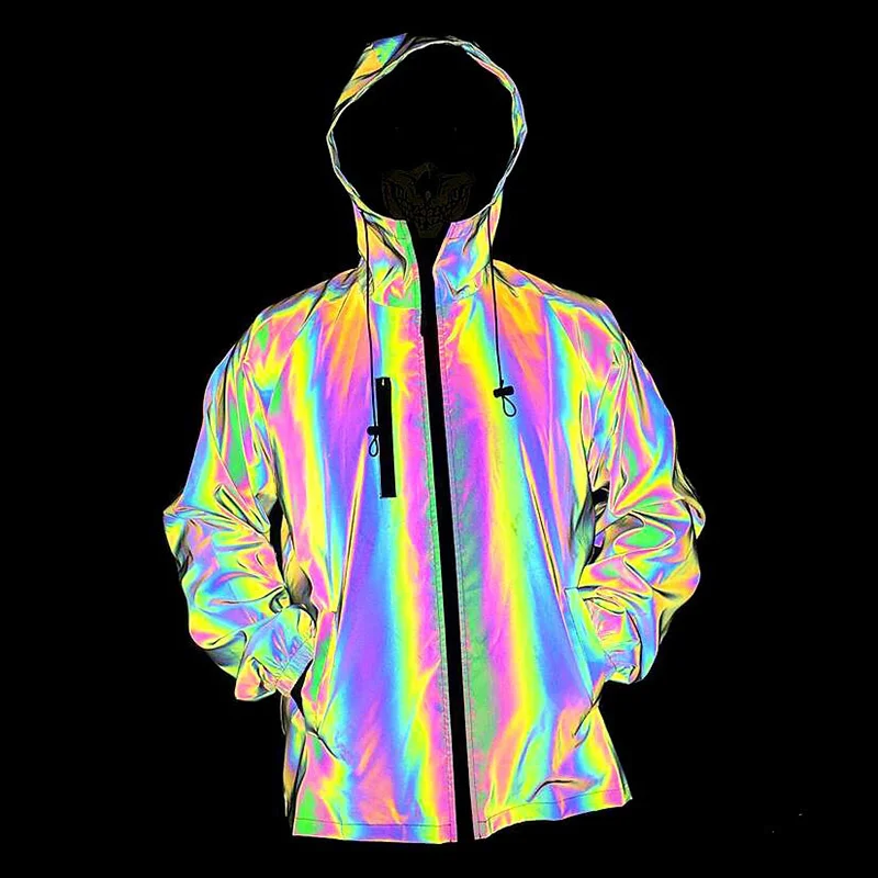 

Men's Colorful Reflective Jacket Night Rainbow Color Hoode Jackets Autumn Winter Hoodies Coat Male