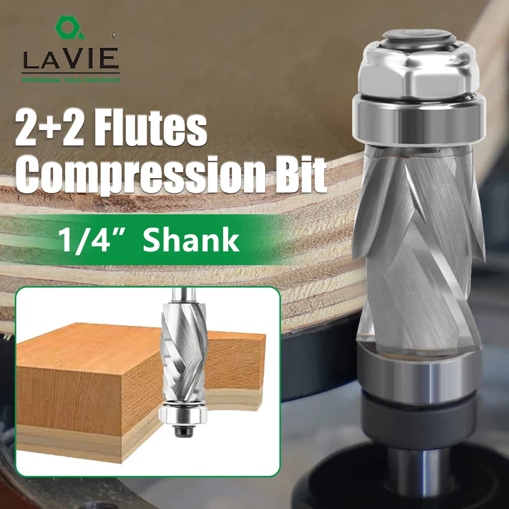 LAVIE 1pc 1/4' Shank Solid Carbide Compression Cut Flush Trim Router Bits Woodworking Z07C1325