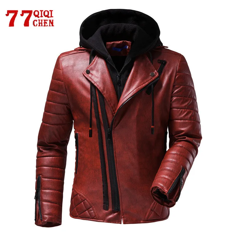 

Mens PU Leather Hooded Jacket Vintage Fake Two Detachable Motorcycle Jackets Winter Slim Casual Warm Thick Coat Male Chaquetas