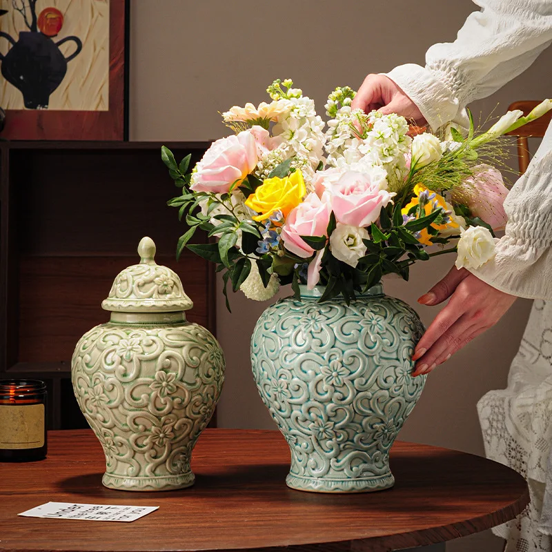 

French Retro Antique Ceramic General Jar Vase Decoration Porch Living Room Wine Cabinet TV Cabinet Decoration Ginger Jar