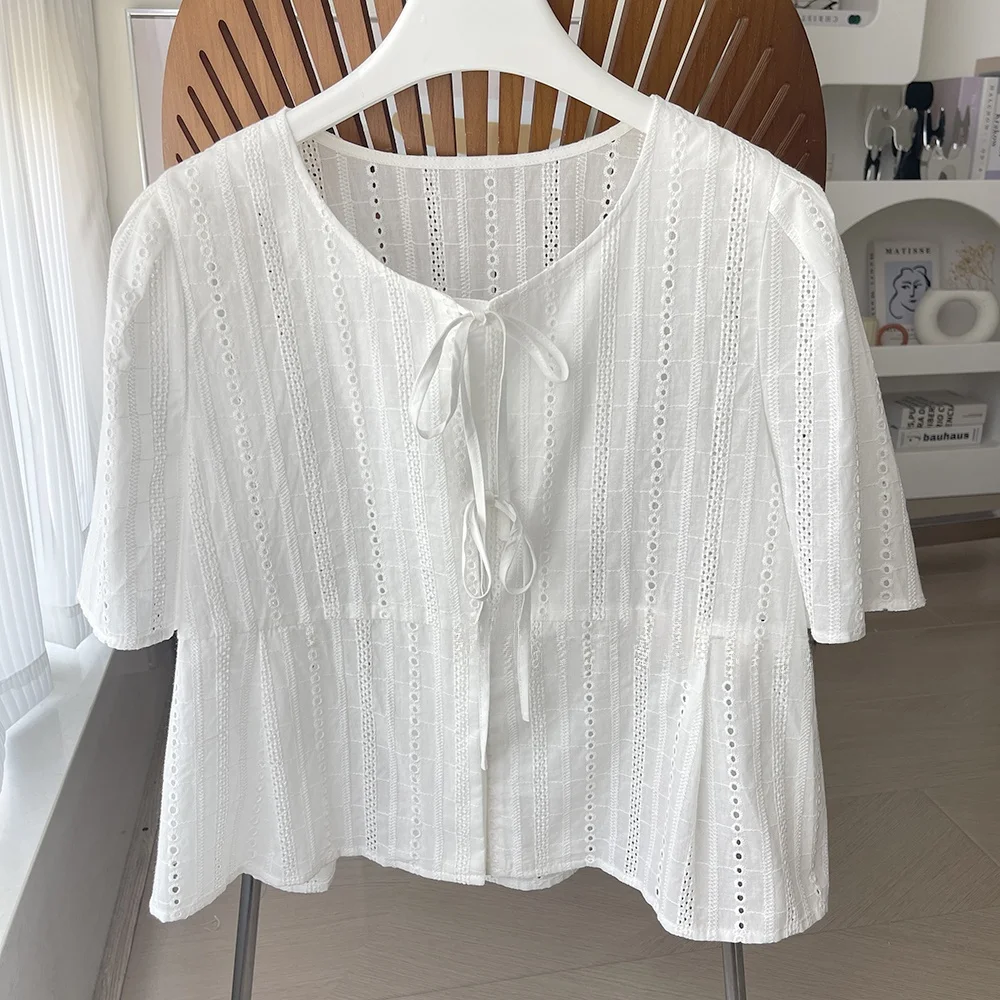 

Pure Cotton Hollow out ort irt round Ne Commuter Sle Versatile Slimming Top Korean Version Breathable Summer irt