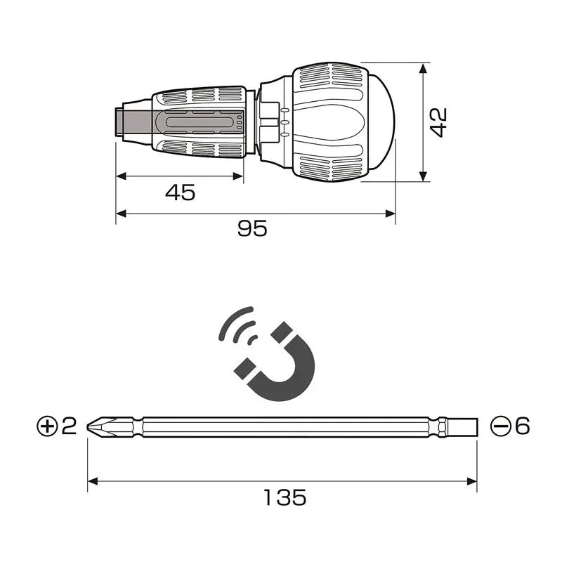 ANEX Japan 1/4" Ratchet Screwdriver, Strong Magnetic Double-ended Bits (PH2/SL6) Ball Handle NO.397-H/397-D view 3