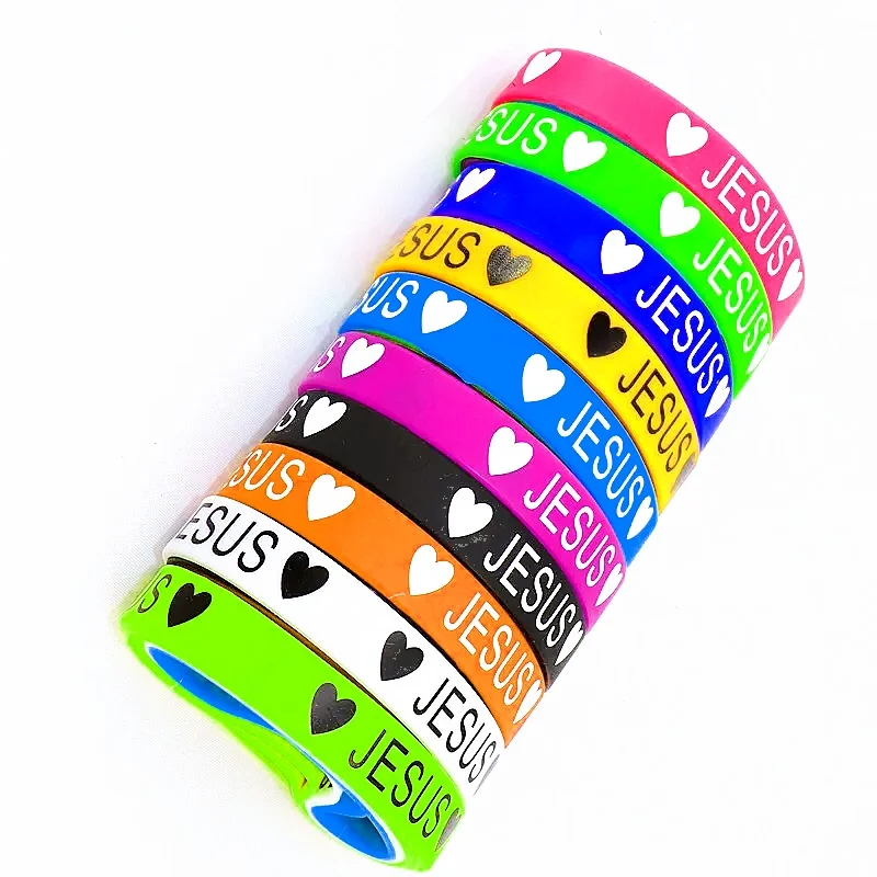 20Pcs/Lot Multicolor Jesus Heart Silicone Bracelets For Men Women Religion Sport Mix Style Rubber Wristband Bangle Jewelry Gift