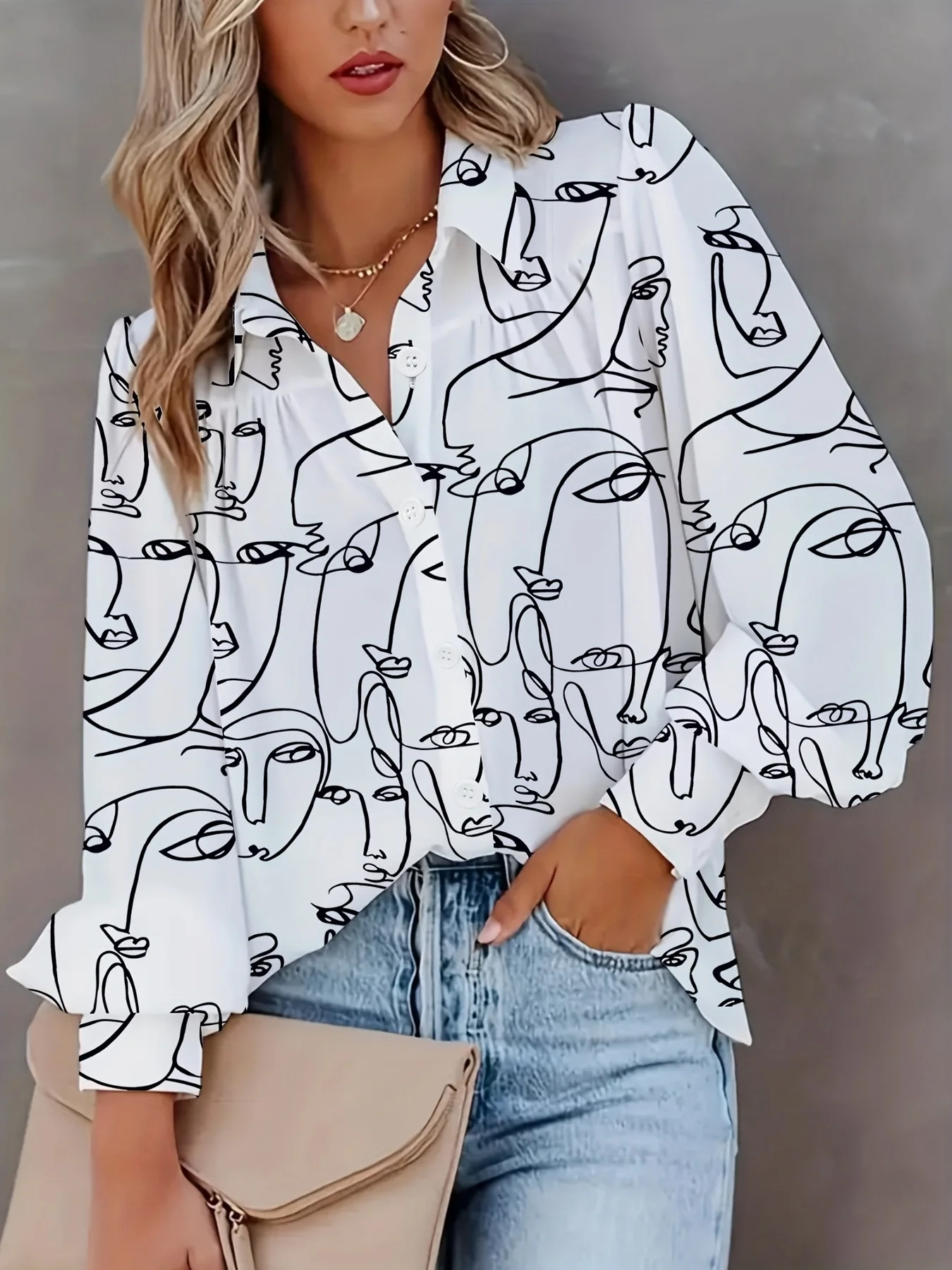 Women\'s Casual Long Sleeve Abstract Printed Shirt New Office Womens Elegant Slim Button Down Shirt 2023 Spring Chunky Lapel Tops